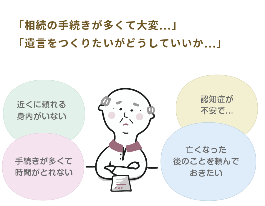 相続税はかからなかったけど、いざ相続の手続きになると・・・ 手続きが多いが時間が無い どこから手をつけていいかわからない 近くに頼れる身内がいない 連絡が取れない相続人がいる…